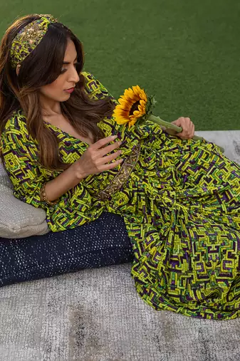 Green Draped Dress With Embroidered Belt