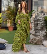 Green Draped Dress With Embroidered Belt