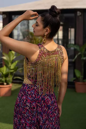Blue Layered Gown With Hanging Chains