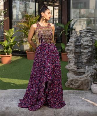 Blue Layered Gown With Hanging Chains 1