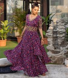 Blue Gown With Drape And Thick Embroidered Belt