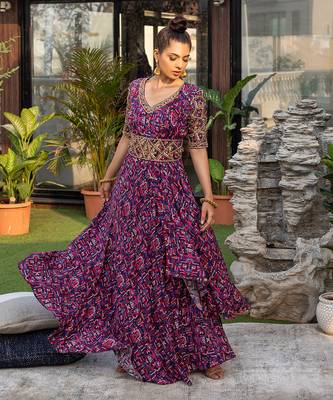 Blue Gown With Drape And Thick Embroidered Belt 2