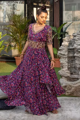 Blue Gown With Drape And Thick Embroidered Belt