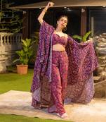 Pink Bustier Slit Pants With Blue Cape