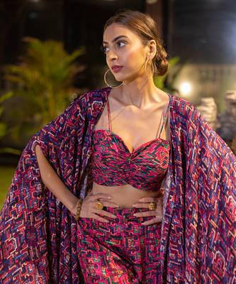 Pink Bustier Slit Pants With Blue Cape 2