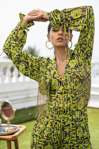Green Crop Jacket Top With Pants