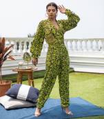 Green Crop Jacket Top With Pants