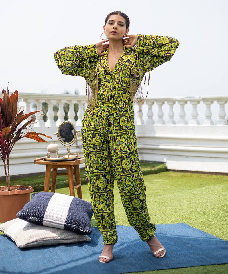 Green Crop Jacket Top With Pants