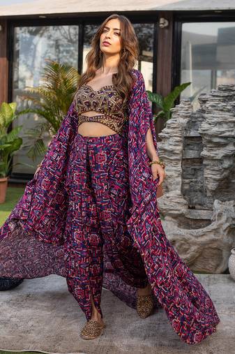 Blue Embroidered Choli With Dhoti And Cape