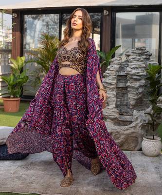 Blue Embroidered Choli With Dhoti And Cape 1