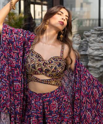 Blue Embroidered Choli With Dhoti And Cape 2