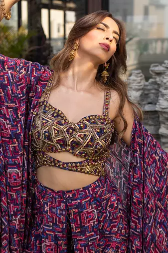 Blue Embroidered Choli With Dhoti And Cape