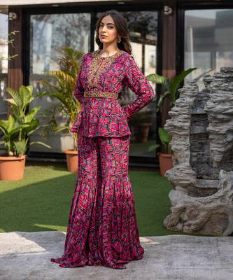 Pink Peplum Top With Sharara Pants And Embroidered Belt 1