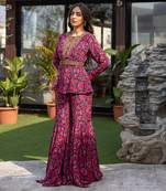 Pink Peplum Top With Sharara Pants And Embroidered Belt