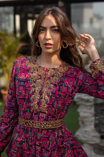 Pink Peplum Top With Sharara Pants And Embroidered Belt