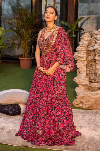 Pink Choli One Shoulder Cape With Lehenga