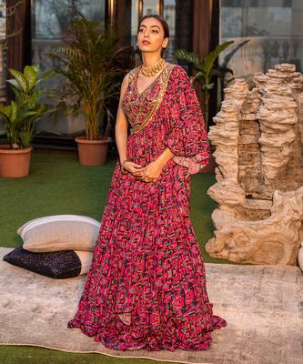 Pink Choli One Shoulder Cape With Lehenga 1