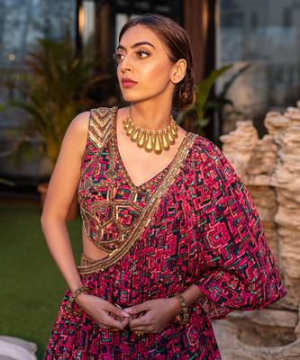 Pink Choli One Shoulder Cape With Lehenga 2