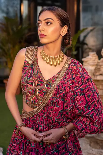 Pink Choli One Shoulder Cape With Lehenga