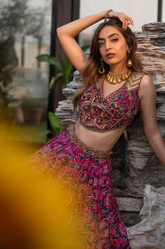 Pink Choli Lehenga Organza Dupatta Set