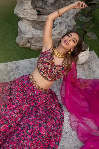 Pink Choli Lehenga Organza Dupatta Set