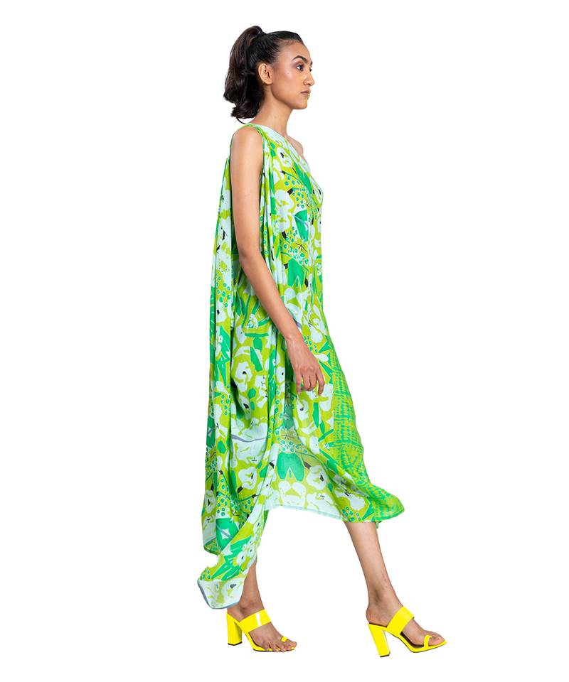 One Shouldered Floral Shibori Kaftan
