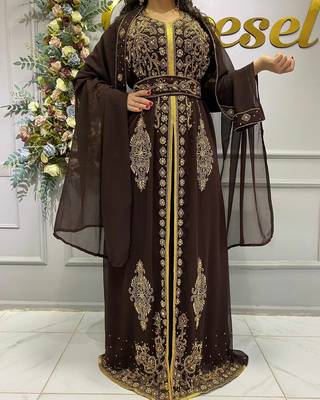 Royal Wedding Dubai Beaded Kaftan Abaya Party Fancy African Clothing Crystal Fancy Work New Year Dress 3