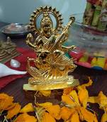 Salvus Metal Goddess Maa Saraswati Idol (Standard , Golden , 7x11 cm).