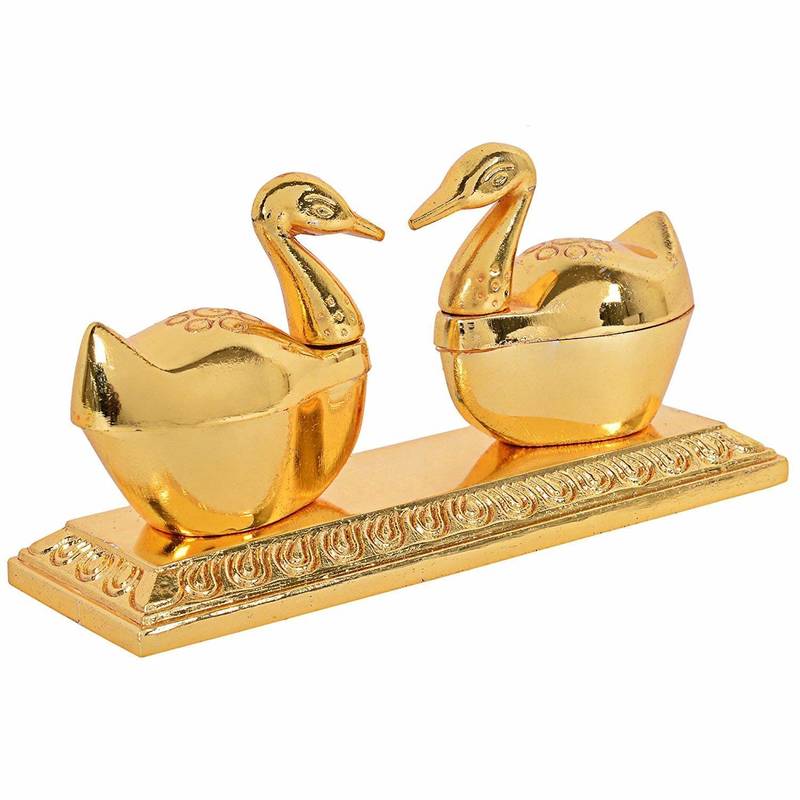 Salvus Beautiful Golden Metal Pair of Duck/Swan Sindoor Box,for Women, Home Decor & Gift (11x7 cm)