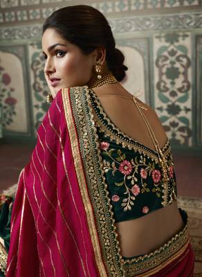 Rani pink premium embroidered fancy fabric wedding saree with un-stitched blouse fabric 2
