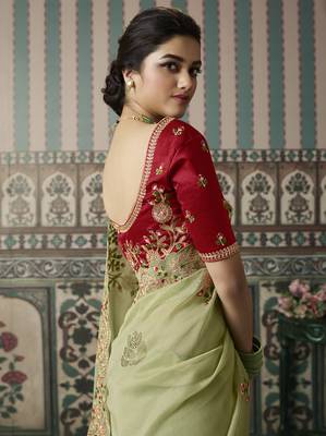 light green premium embroidered fancy fabric designer saree with un-stitched blouse fabric 3