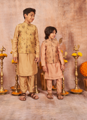 Handloom Pinted Tussar Silk Jacket With Matching Kurta Pajama Set 2