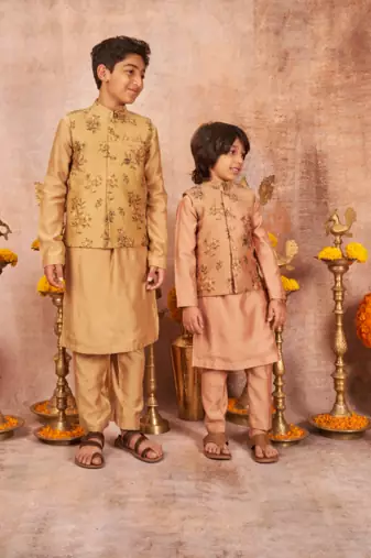 Handloom Pinted Tussar Silk Jacket With Matching Kurta Pajama Set