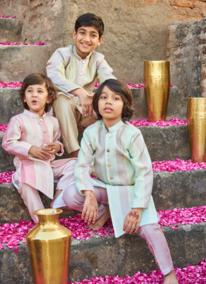 Thread Sequins Work Slub Silk Achkan And Bottom Set 2