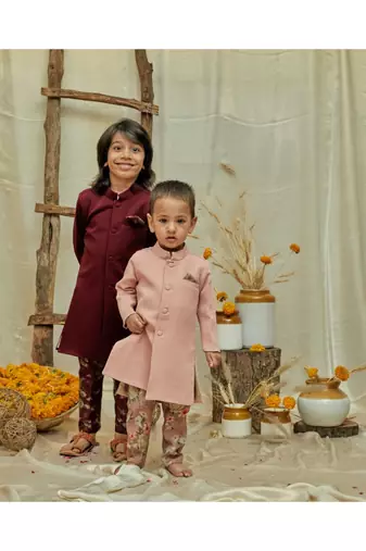 Solid Achkan With Floral Pants