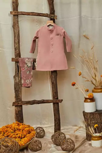 Solid Achkan With Floral Pants