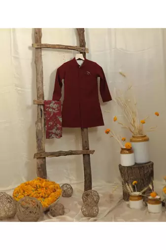 Solid Achkan With Floral Pants