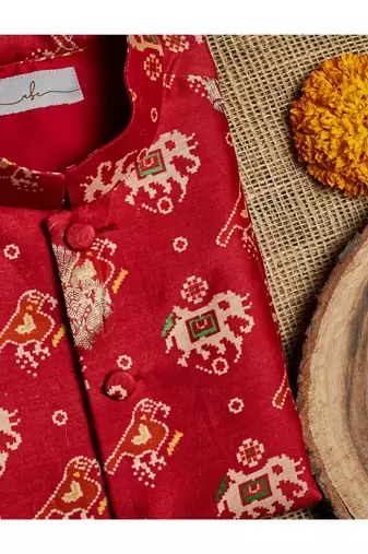 Chanderi Brocade Patola Print Jacket With Kurtha Pajjama