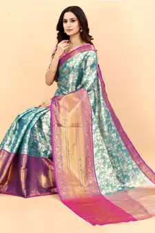 Blue Woven Silk Blend Saree With Blouse