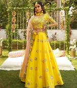 Yellow Embroidered Satin Mehendi Lehenga Choli