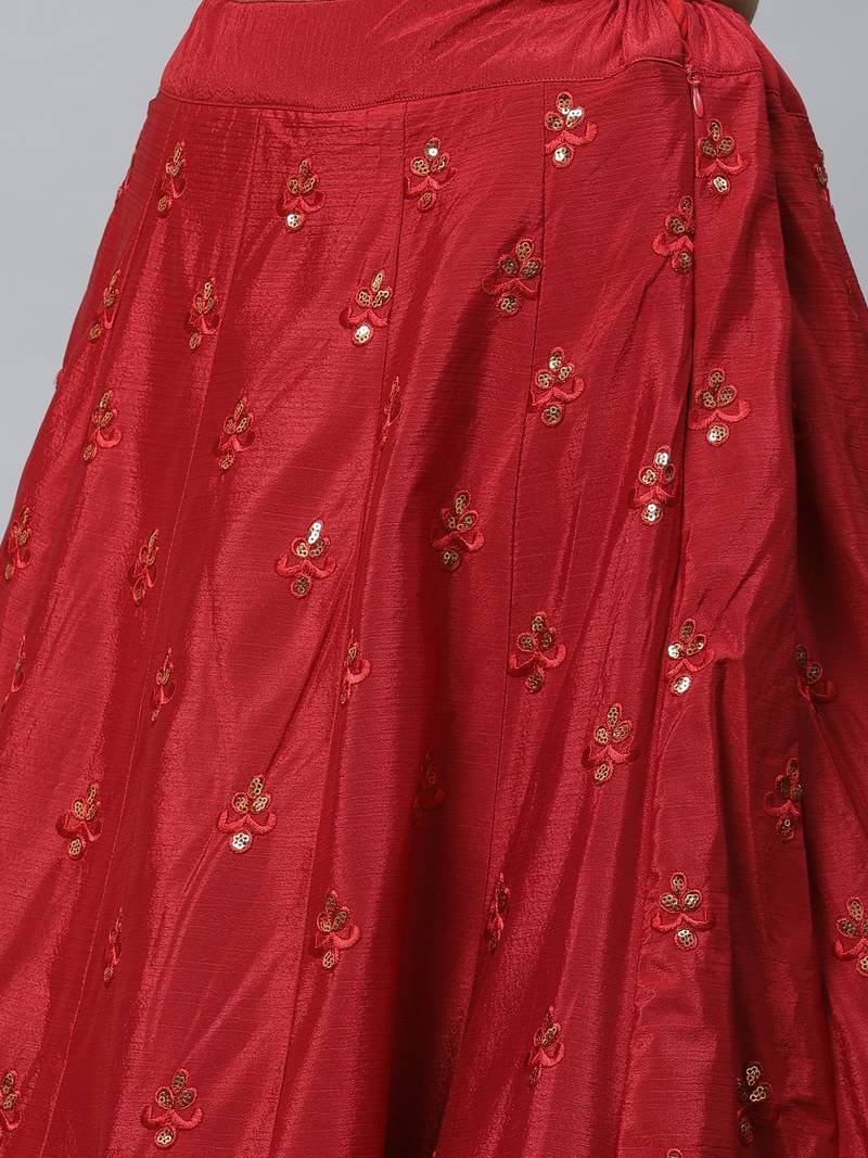 Red & Black Embroidered Thread Work Semi Stitched Lehenga & Unstitched Blouse With Dupatta