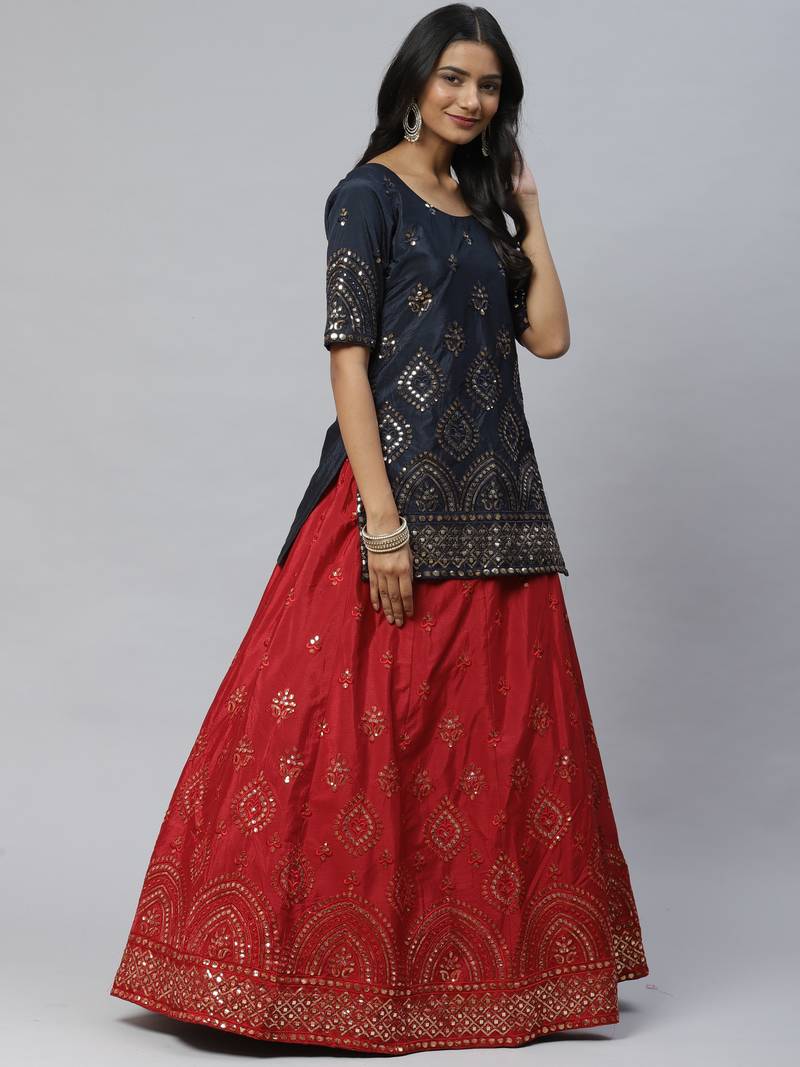 Red & Black Embroidered Thread Work Semi Stitched Lehenga & Unstitched Blouse With Dupatta