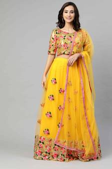 SHUBHKALA Yellow Embroidered Sequinned Semi Stitched Lehenga & Unstitched Blouse With Dupatta