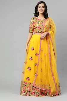 SHUBHKALA Yellow Embroidered Sequinned Semi Stitched Lehenga & Unstitched Blouse With Dupatta