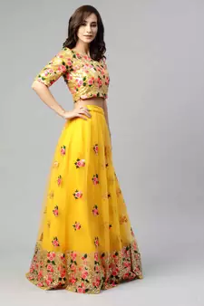 SHUBHKALA Yellow Embroidered Sequinned Semi Stitched Lehenga & Unstitched Blouse With Dupatta