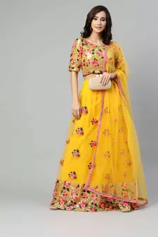 SHUBHKALA Yellow Embroidered Sequinned Semi Stitched Lehenga & Unstitched Blouse With Dupatta