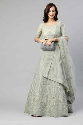 SHUBHKALA Light Green Dori Embroidered Net Semi Stitched Lehenga & Unstitched Blouse With Dupatta 1