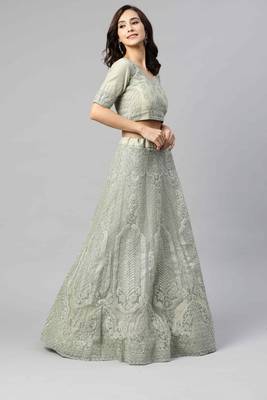 SHUBHKALA Light Green Dori Embroidered Net Semi Stitched Lehenga & Unstitched Blouse With Dupatta 3