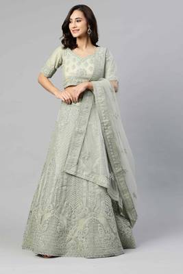 SHUBHKALA Light Green Dori Embroidered Net Semi Stitched Lehenga & Unstitched Blouse With Dupatta 4
