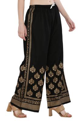Women Black Solid Relaxed Gold Print Palazzo with Elastic Drawstring (Free Size) 2